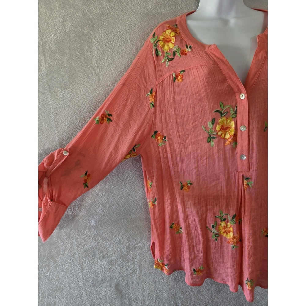 EUC Fig And Flower Blouse Womens 3X Peach Embroidered Floral Cottage Feminine